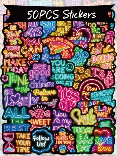 50pcs Neon Inspirational Quotes Stickers, Waterproof Positive Affirmation Vinyl Stickers, Suitable For Water Bottles, Laptops, Scrapbooks, Journals