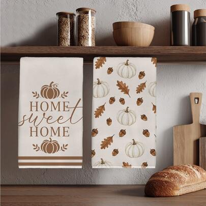 2er Set Herbst weiße Kürbis Eichel Ahornblatt Home Sweet Home Text Küchenhandtücher, 40*60cm weiches Mikrofaser Material Geschirrtücher, geeignet für Zuhause Küche Restaurant Outdoor Camping Tisch Reinigung Geschirrtuch Handtuch Zubehör, warme Herbst Ernte Zuhause Thema Küchendekoration Stoff Wischtücher, Feiertagsgeschenk