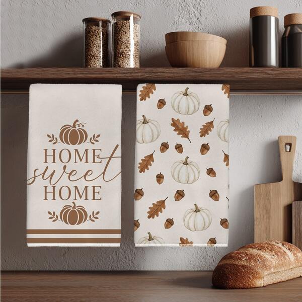 2pcs Autumn White Pumpkin Acorn Maple Leaf Home Sweet Home Text Kitchen Towels, 40*60cm Soft Microfiber Material Tea Towels, Suitable For Home Kitchen Restaurant Outdoor Camping Tabletop Cleaning Dish Cloth Hand Towel Accessories, Warm Autumn Harvest Home Theme Kitchen Decor Fabric Wiping Towels, Holiday Gift