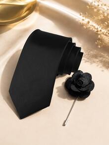 1 SET Solid Color Tie & Lapel Pin Set, Minimalist Handmade Tie & Brooch Combination, Suitable For Daily Wear, Wedding, Cocktail Party, Gathering, Banquet - Black - View 1
