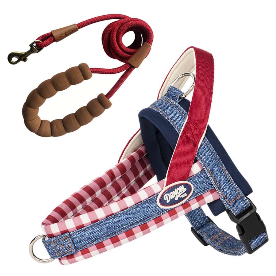 Vintage Denim Saddle Dog Harness & Leash Set, Plaid Patchwork Durable Fabric, Built-In Anti-Pull Handle, POM Strong Quick-Release Buckle, Adjustable Slider Buckle With Metal D-Ring, Breathable & Non-Stuffy For Long Wear, Suitable For Teddy, Bichon, Samoyed And Small To Medium Dogs, Pet Walking Harness Set - Red - View 1