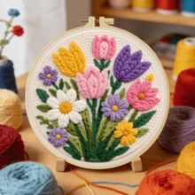 2D 初學者戳戳繡刺繡套件附框架,彩色花卉主題,20*20cm/7.9*7.9in 預印圖案 DIY 戳戳繡套組,含完整毛線與戳戳工具組,手工客廳臥室牆面裝飾,理想生日禮物 - 繽紛花朵 - 查看 7