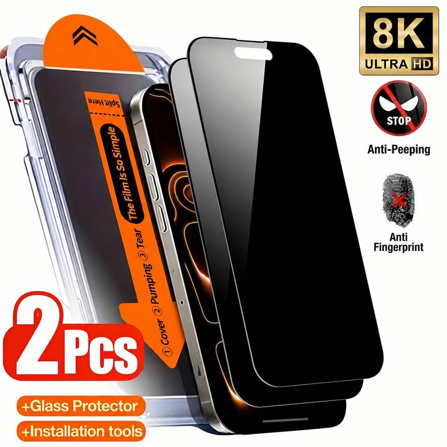 CASECOPS 2片裝隱私鋼化玻璃螢幕保護貼，含安裝套件與自動對位套件，9H硬度，頂部防塵網，高清透明，相容 17 Pro Max/17 Pro/17 Air/17e/17、16 Pro Max/16 Pro/16 Plus/16/16e、15 Pro Max/14 Plus/13 Pro Max/12 Mini/11 Pro Max/Xs Max 系列，防偷窺、防油污、防刮、防指紋、防塵，全螢幕覆蓋，微曲邊緣，無氣泡