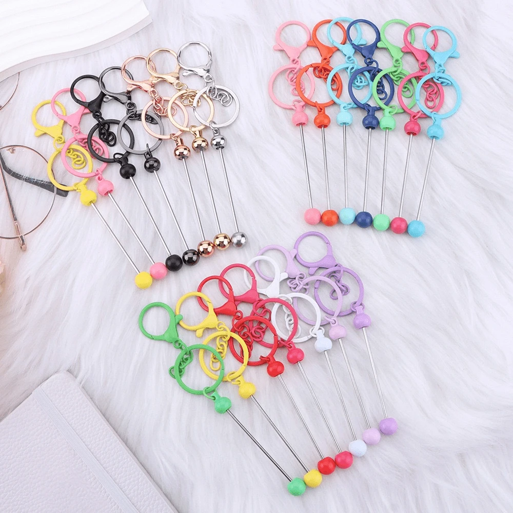8pcs Random Color Beadable Keychain Bar, DIY Blank Keychain Rod With Key Ring & Lobster Clasp For Beaded Keychain Jewelry Making Crafts - Multiple Styles - View 1
