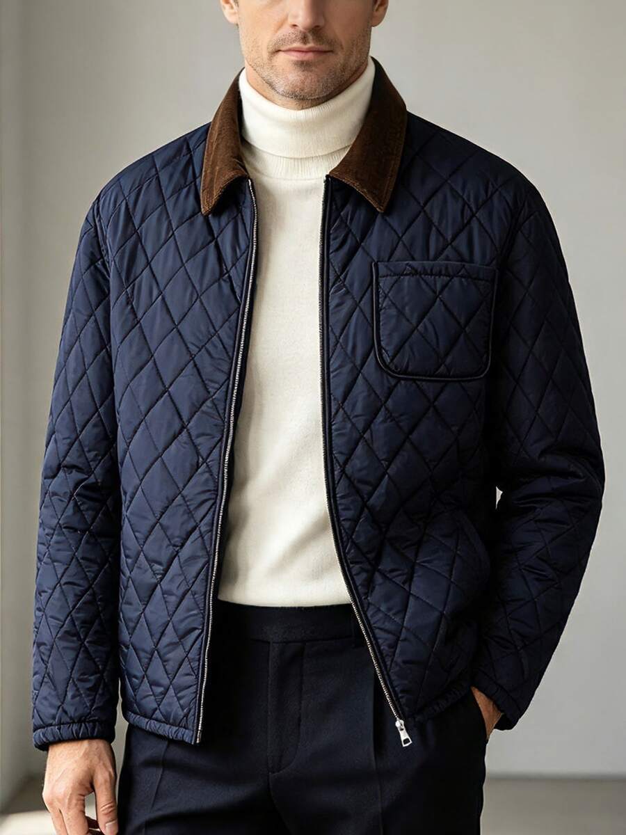 Men's Diamond Quilted Lapel Padded Padded Coat, Commuter Multi-Pocket Zipper Lightweight Padded Padded Coat - Blue - View 1