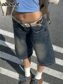 Y2K Vintage Washed Distressed Low Waist Flare Leg Denim Shorts With Side Pockets Casual Summer, Aesthetic - Dark Wash - View 1