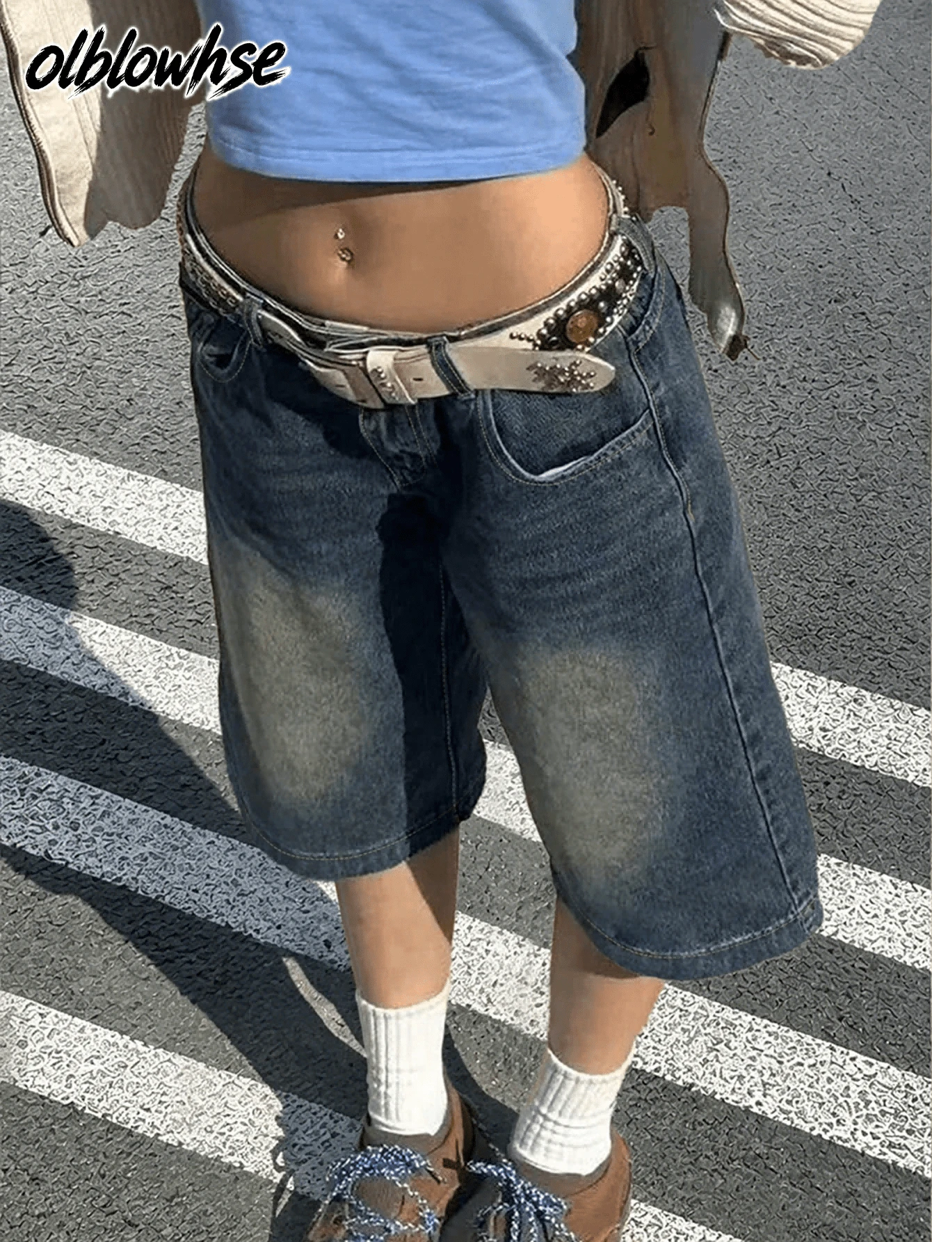 Y2K Vintage Washed Distressed Low Waist Flare Leg Denim Shorts With Side Pockets Casual Summer, Aesthetic - Dark Wash - View 1