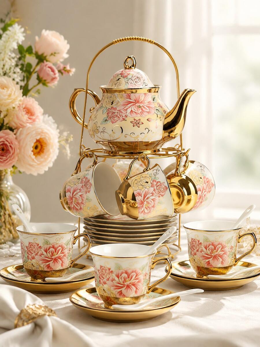 20-Piece European Porcelain Tea Set With Metal Stand & Pink Flower Painting - Elegant Tea Service For Adults, Ideal Gift For Spring Outing, Easter Party & Home Decor (Large)