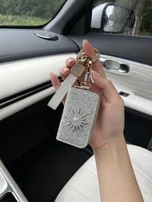 1pc Korean Style Fine Glitter Full Rhinestone Sun Car Key Pouch, Creative Rhinestone Diamond Grid Anti-Drop Key Chain, Premium Car Key Holder Pendant Wrist Strap, Universal Sparkling Car Key Protective Cover Storage Bag - A - View 7