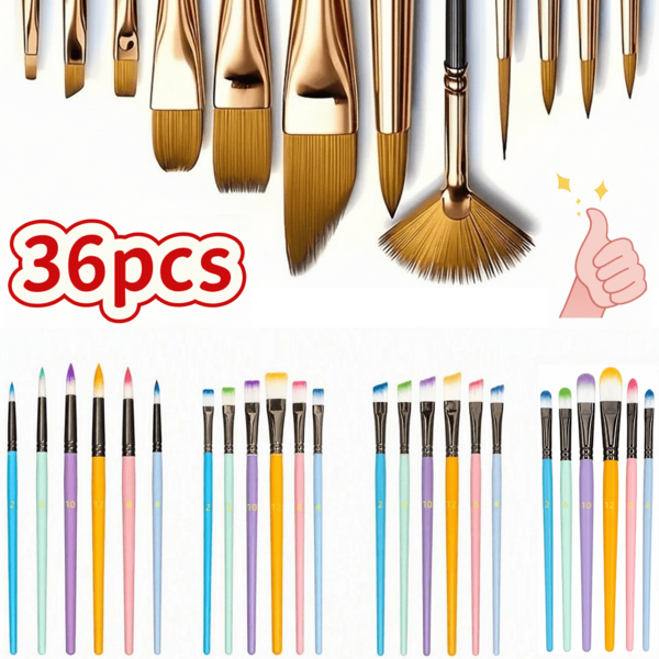 Dom Delfim 36pcs Professional Art Brush Set, Nylon Bristles, Round, Flat, Angled, Filbert Brushes, Smooth Surface, Suitable For Acrylic, Watercolor, Gouache Painting, Durable, Ideal For Fine Art Creation, School Supplies, Craft Enthusiasts