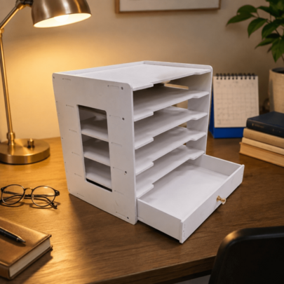 OJMD White Multi-Height Desktop File Organizer With Concealed Drawers, Ornamental Shelf Dividers, And Layered Decorative Accents For Home Office, Study, Or Living Desk Setup