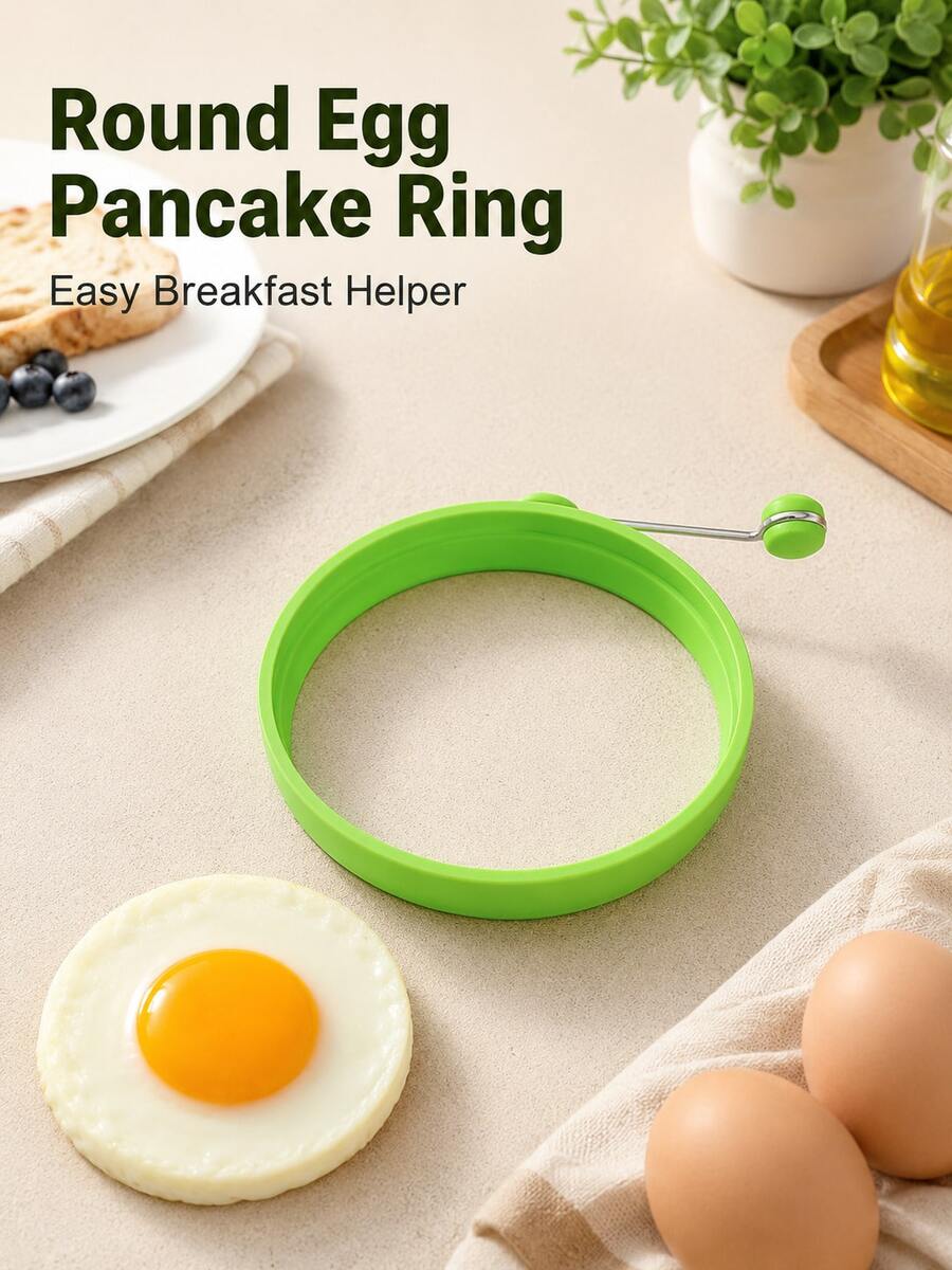 1pc Round Green Egg Pancake Mold, Breakfast Shaping Ring, Easy Release With Handle, Mini Pancake Sandwich Cooking Tool, Suitable For Brunch Home Kitchen Meal Prep Daily Use - Green - View 1