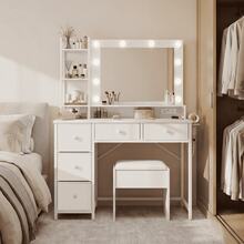 Vanity Desk With Mirror & 3 Color Modes Adjustable Brightness, Makeup Vanitys With 5 Fabric Drawers & Power Outlets & Hair Dryer Rack For Bedroom, White - White - View 5
