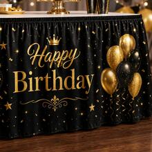 Black & Gold Birthday Table Skirt With Balloon And Crown Print, Birthday Party Decoration, Elegant Polyester Tablecloth, Suitable For Adult Birthday, Milestone Celebration, Dessert Table And Event Decor - A - View 9