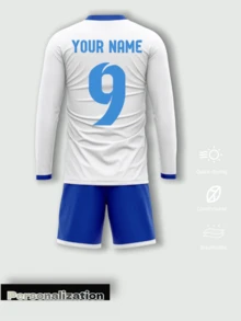 2pcs/Set Customized Vertical Striped Long Sleeve Soccer Jersey Set, Includes Top And Shorts, White And Blue Gradient Fresh Color Scheme, Customizable Content On Both Front And Back, Free To Modify Player Name, Jersey Number, And Custom Team Logo, Comfortable Fabric, Suitable For Soccer Matches, Daily Training, Team Building Activities And Casual Daily Wear, Preferred Choice For Team Procurement, Create Exclusive Team Match Gear, 2026 Soccer Project - White - View 3