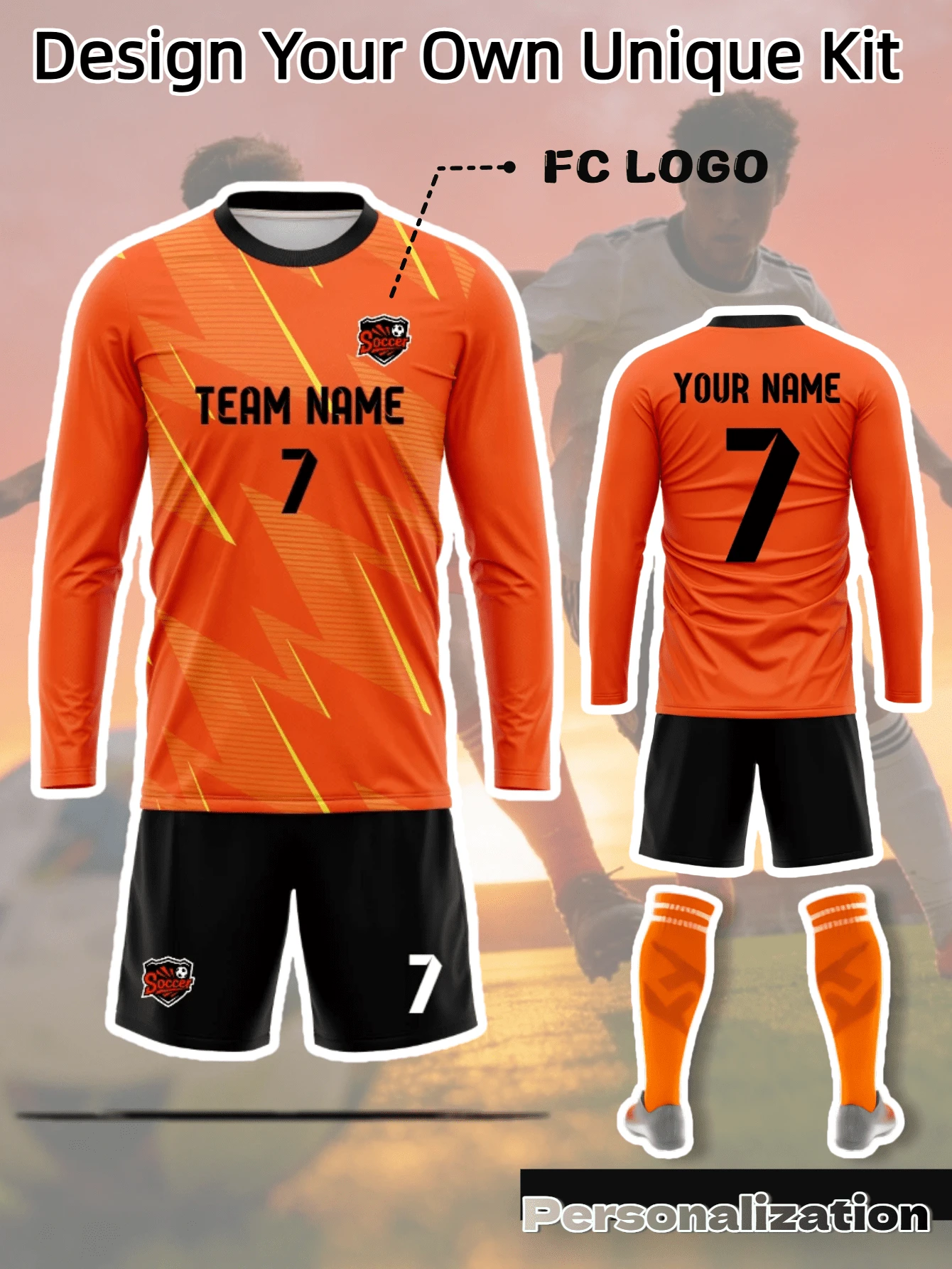 2pcs Custom Dynamic Lightning Pattern Long Sleeve Soccer Jersey Set, Set Includes Top And Shorts, Orange And Black Contrast Color Design, Customizable Front And Back, Freely Change Player Name And Jersey Number, Upload Custom Team Logo, Comfortable Soft Fabric, Suitable For Official Soccer Matches, Daily Training, Team Building, Also As Casual Wear, Create Unique Team Sports Apparel, 2026 Soccer Project - Orange - View 1