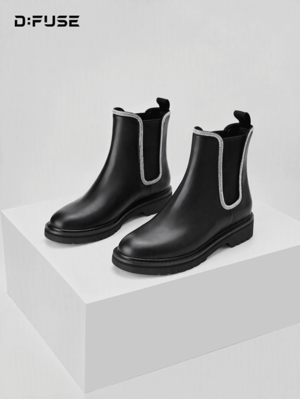 D:FUSE Botas Chelsea de cuero genuino negro para mujer con adorno de cristal, plataforma gruesa, suela dentada, elásticas, sin cordones, estilo Y2K, coquette, vintage, para oficina, uso diario, escuela, otoño