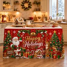 Merry Christmas Table Skirt, Printed With Santa Claus, Reindeer And Gift Patterns, Red Holiday Polyester Tablecloth, Suitable For Christmas Party, Family Gathering, Dessert Table, Classroom And Winter Home Decor - A - View 4
