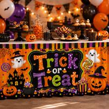 Halloween Trick Or Treat Table Skirt, Pumpkin Ghost Witch Print, Cute Orange & Black Polyester Tablecloth, Suitable For Kids Halloween Party, Candy & Dessert Table Decoration, Classroom Activities And Spooky Home Decor - A - View 5