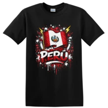Camiseta con la Bandera de Perú, Roja y Blanca, Diseño Patriótico con Gráficos de Rayos y Salpicaduras de Pintura - Negro - Ver 1