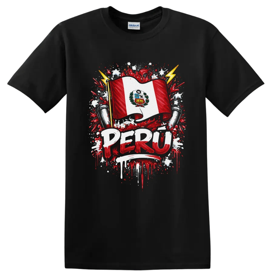 Camiseta con la Bandera de Perú, Roja y Blanca, Diseño Patriótico con Gráficos de Rayos y Salpicaduras de Pintura - Negro - Ver 1