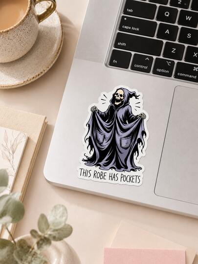 1pc Funny Gothic Grim Reaper Sticker With Purple Hooded Skeleton & "This Robe Has Pockets" Quote, Die-Cut Decal For Journals, Laptops & Halloween Decor, Back To School Supplies