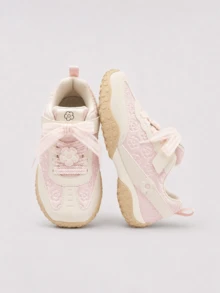 Balabala Sepatu Lari Gaya Balet untuk Anak Perempuan, Detail Renda, Sepatu Sneaker Latihan Ringan dan Bernapas, Gaya Manis - putih merah - View 2