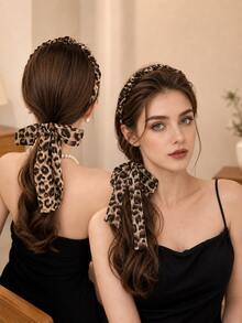 Leopard Print Ribbon Headband With Teeth Non-Slip Braided Hairband Vintage French Hair Accessory For Women - Multicolor - View 2