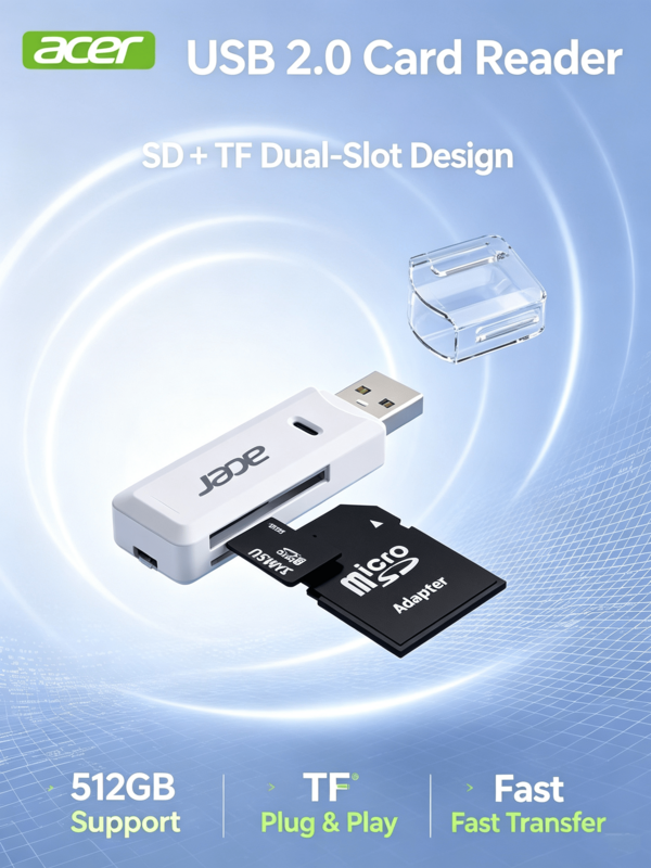 Acer T3‑USB2.0 カードリーダー Type‑C OTG アダプター Androidスマホ・タブレット・カメラ・PC両用対応 SD/TFカード高速読み取り