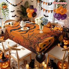 1/2件裝萬聖節桌布，萬聖節主題橘色與黑色蜘蛛網、蝙蝠、滿月、南瓜燈籠圖案聚酯纖維桌布，適用於餐桌、餐廳、咖啡桌、廚房、野餐、露營、鄉村農舍裝飾，節日桌面布置 - 彩色 - 查看 6