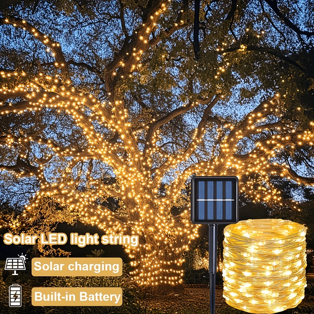 1 Set Outdoor Solar String Lights, Fairy Lights - 300/200/100/50 LED Outdoor Small Lights, IP44 Waterproof Rating, 8 Modes Selectable. Copper Wire String Lights, Suitable For Garden, Yard, Tree Decoration, And Christmas Or Wedding Celebration Decor - Solar Copper Wire Lamp - View 1