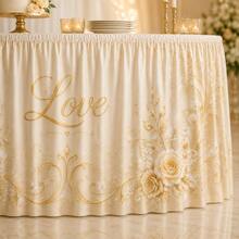 Elegant Ivory Gold Love Letter & Floral Print Table Skirt, Wedding Reception Decor, Luxury Polyester Tablecloth, Suitable For Bridal Shower, Engagement Party, Dessert Table And Anniversary Decoration - A - View 9