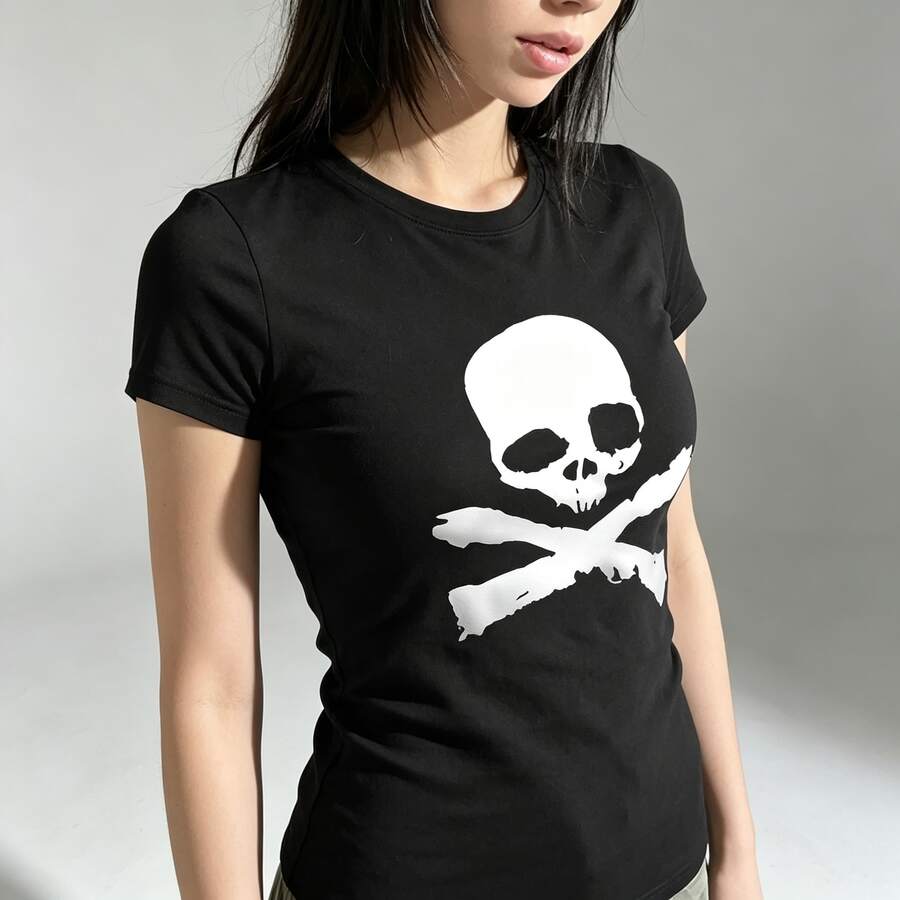 Women's Simple Printed Round Neck Short Sleeve T Shirt - 黑色 - 查看 1