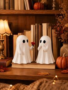 2pcs Romantic Ghost Couple Figurines, Cute White Halloween Ghost Decor With Rose And Blushing Design, Spooky Fall Tabletop Decoration For Bookshelf, Mantel, Entryway, Party, Bedroom And Halloween Gift - Multiple Styles - View 2