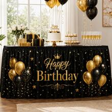 Black & Gold Birthday Table Skirt With Balloon And Crown Print, Birthday Party Decoration, Elegant Polyester Tablecloth, Suitable For Adult Birthday, Milestone Celebration, Dessert Table And Event Decor - A - View 4