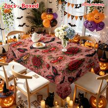 1/2pcs Halloween Tablecloth, Gothic Dark Style Rose Cherry Bat Lips Pattern Polyester Tablecloth Suitable For Dining Room Kitchen Coffee Table Dining Table Picnic Camping Country Farmhouse Decor And Halloween Holiday Decoration - Multicolor - View 15