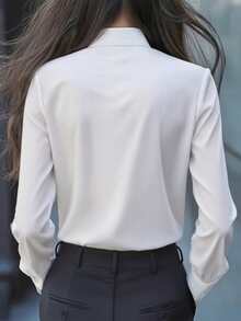 Plus Size White Bowknot Shirt With Bow And Ruffle Trim, Long Sleeve Regular Fit - White - View 2