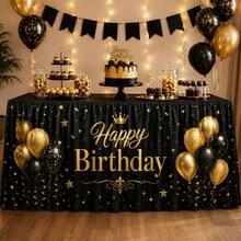 Black & Gold Birthday Table Skirt With Balloon And Crown Print, Birthday Party Decoration, Elegant Polyester Tablecloth, Suitable For Adult Birthday, Milestone Celebration, Dessert Table And Event Decor - A - View 6
