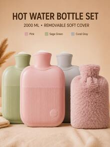 2000ml PVC Hot Water Bottle, Reusable Rubber Water Injection Hand Warmer, Long Lasting Warmth Heating Pad For Winter Hand Waist Abdomen Bed Warm Home Use, Explosion-Proof Design With Cute Plush Cover - Multi-color - View 1