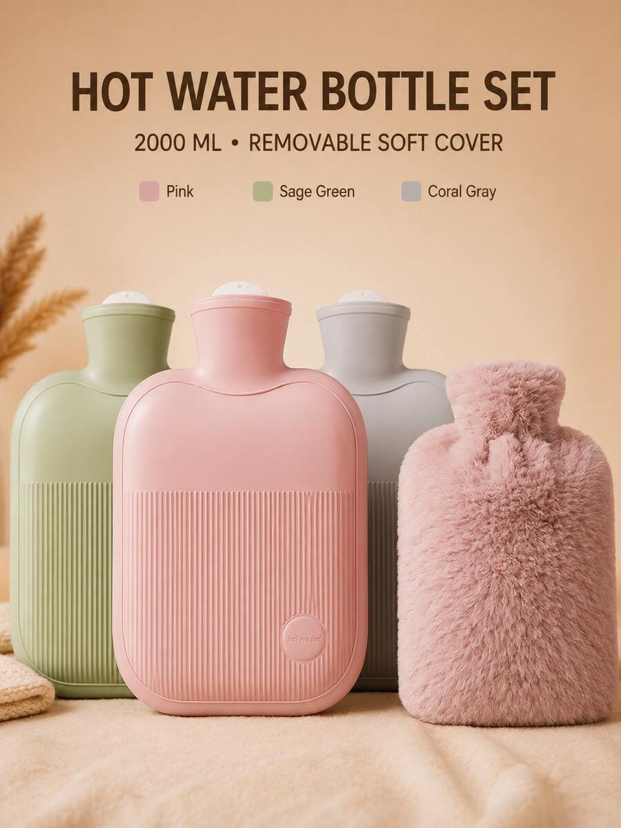 2000ml PVC Hot Water Bottle, Reusable Rubber Water Injection Hand Warmer, Long Lasting Warmth Heating Pad For Winter Hand Waist Abdomen Bed Warm Home Use, Explosion-Proof Design With Cute Plush Cover - Multi-color - View 1
