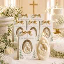 8 Sets Holy Family Candle Favors With Cards And Gold Ribbons, Religious Baptism, Christening, First Communion Party Favors, Baby Baptism, Church Ceremony Guest Gifts - White - View 7