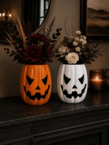 1pc Halloween Pumpkin Face Flower Vase, Glossy Spooky Decorative Vase For Living Room, Mantel, Tabletop & Fall Home Decor - A - View 7