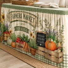 Farmers Market Table Skirt, Sunflower Vegetable Pumpkin Print, Country Farmhouse Style Polyester Tablecloth, Suitable For Harvest Party, Kitchen Decor, Autumn Celebration, Country Events And Market Theme Decoration - A - View 8