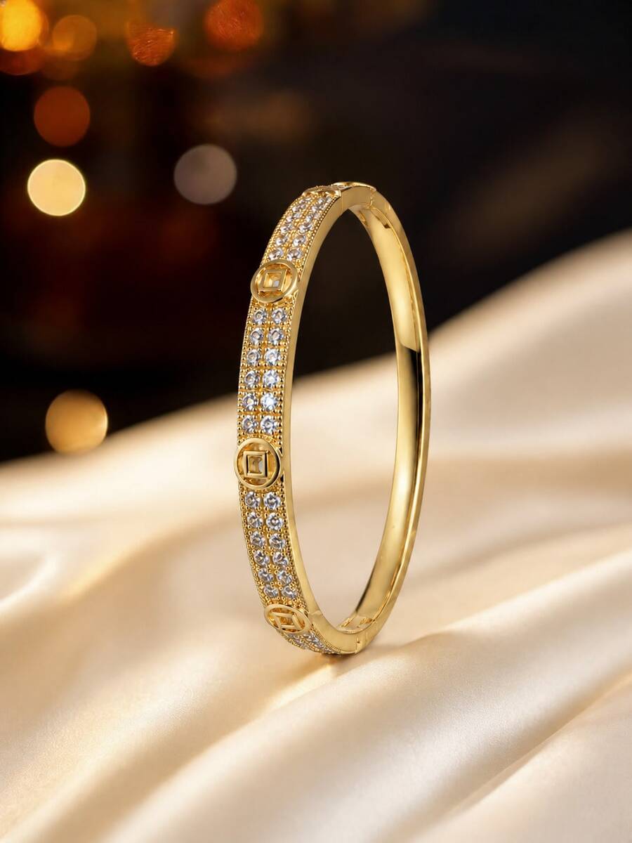 1pc Women's Fashion Luxury Fully Pave Cubic Zirconia Snap Bracelet, Vintage Geometric Symbol Design, High-End Daily Commute Wristband - Bracelet - View 1