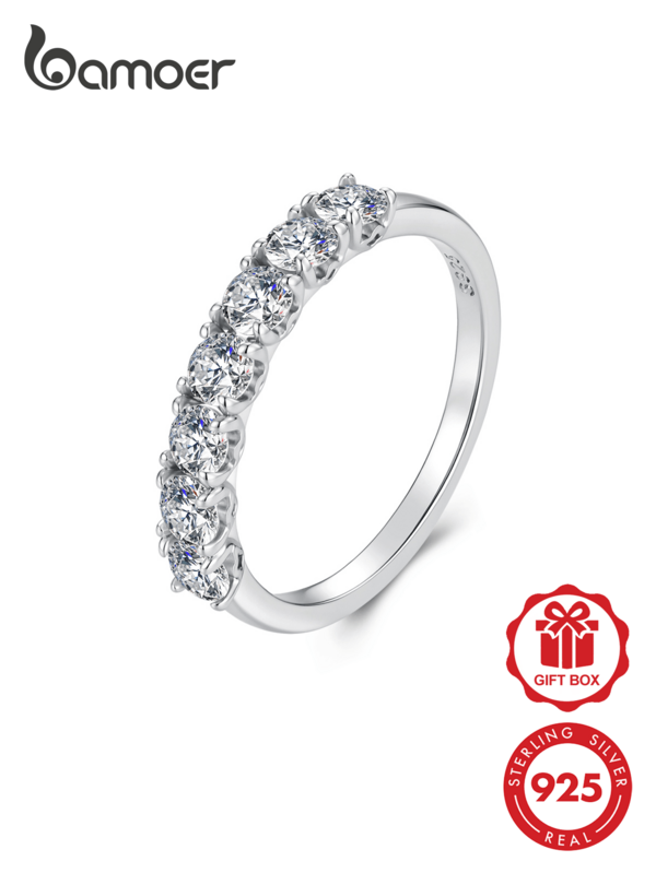 BAMOER Lucky 7‑Stone Moissanite Band Ring,925 Sterling Silver Half Eternity Stackable Ring For Women, Gift For Anniversary