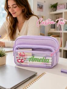 Personalized Name Cherry Bow Design Pencil Case, Customized Text Large Capacity Multi-Compartment Pencil Pouch With Transparent Front Pocket, Portable Stationery Storage Bag And Makeup Organizer, Suitable For College, Office, Travel, Birthday And Back To School Gifts - Multicolor - View 8