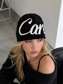 1pc Unisex Letter Print Knit Beanie, Soft Elastic Knit Skull Cap, Bold Oversized Design, Suitable For Men And Women, Winter Street Style, Travel And Outdoor Wear - A - View 3