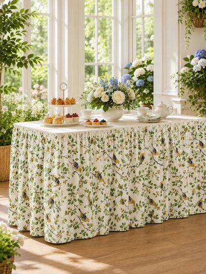 1pc Green Botanical Bird & Floral Print Table Skirt, Pastoral Cottagecore Pleated Table Skirting For Wedding, Birthday, Tea Party, Garden Party, Dessert Buffet Table, Dining Room & Home Decor