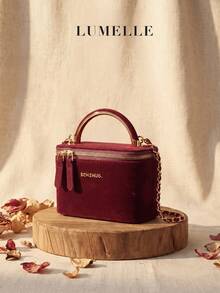 秋冬款酒紅色天鵝絨方型迷你包，奢華風金屬手把，鈴鐺裝飾鍊條，單肩斜跨手提包 - 酒紅色 - 查看 3