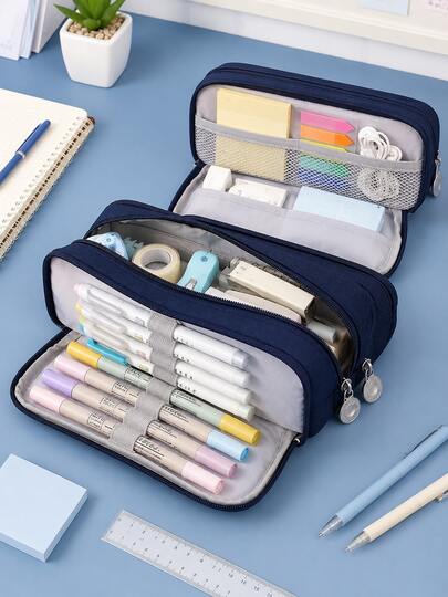 1set/1pc Double-Opening Solid Color Large Capacity Student Pencil Case, Black, Navy Blue, Yellow, Green, Sky Blue, Purple, Pink 7 Colors Available, Simple Stain-Resistant Appearance With Double-Layer Zipper Opening Design, Multiple Compartments For Organized Storage Of Learning Supplies, Suitable For Students, Teachers And Office Workers, Used In School, Classroom, Office, Dormitory, Home And Travel